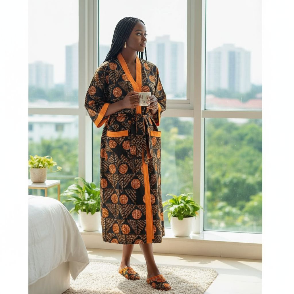 Peignoir wax femme avec babouche assortie