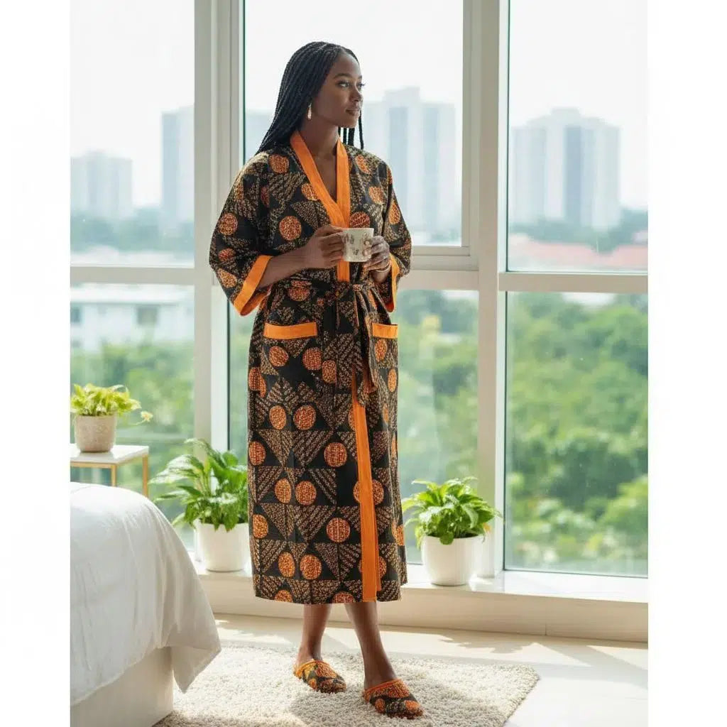 Peignoir wax femme avec babouche assortie