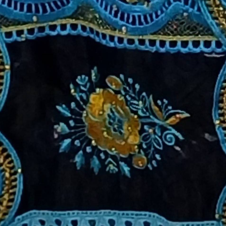 Robe geztner bleu marine brode garnitures bleu turquoise