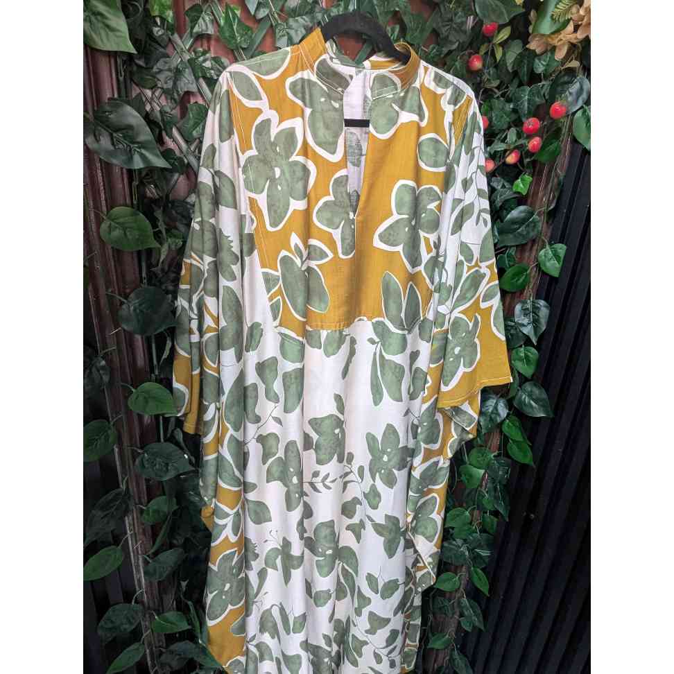 Robe longue bohème femme col mao, florale vert et ocre, coton lin ample