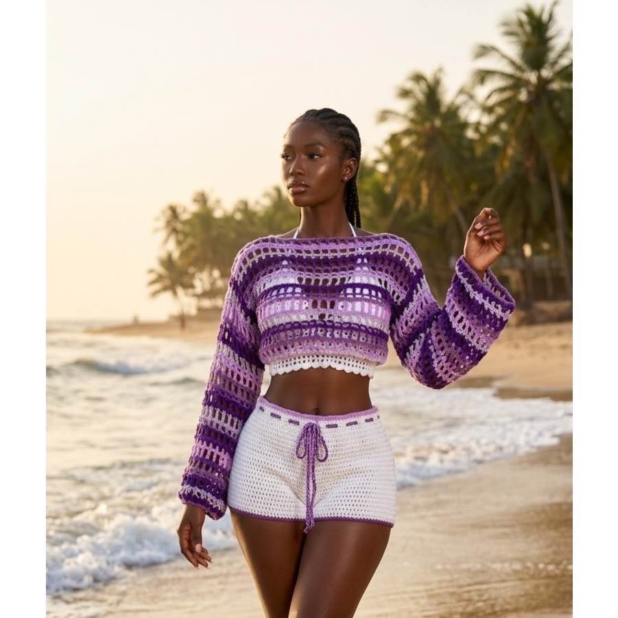 Ensemble crochet femme blanc et violet, set plage chic short et crop top