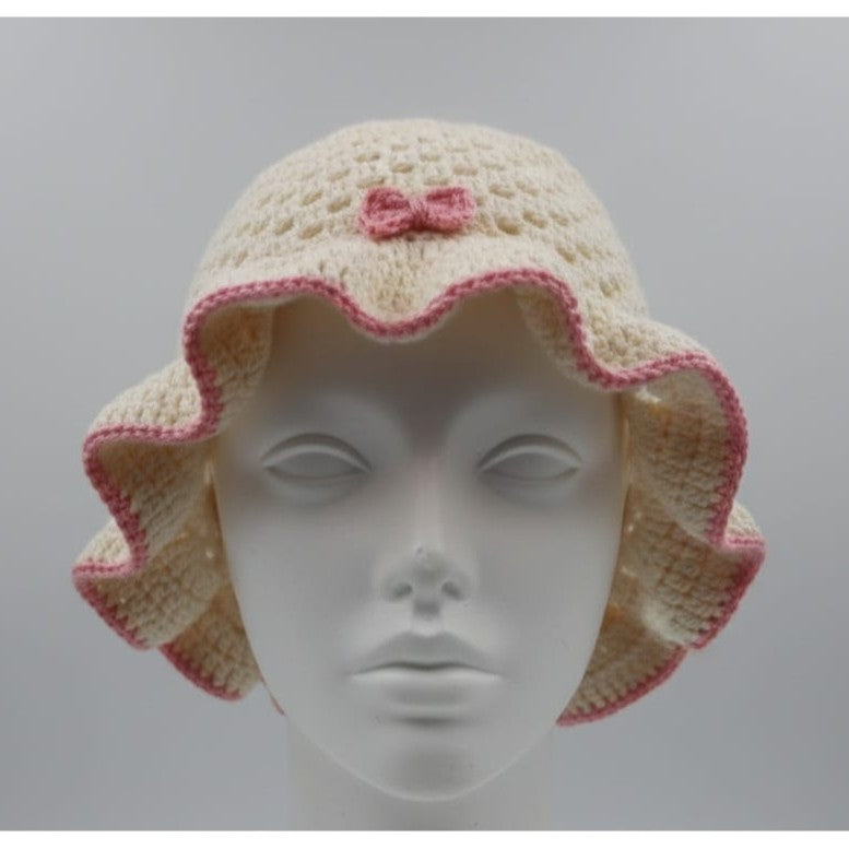 Ensemble – Chapeau &amp; Chouchou Crocheté en laine Crème/Rose