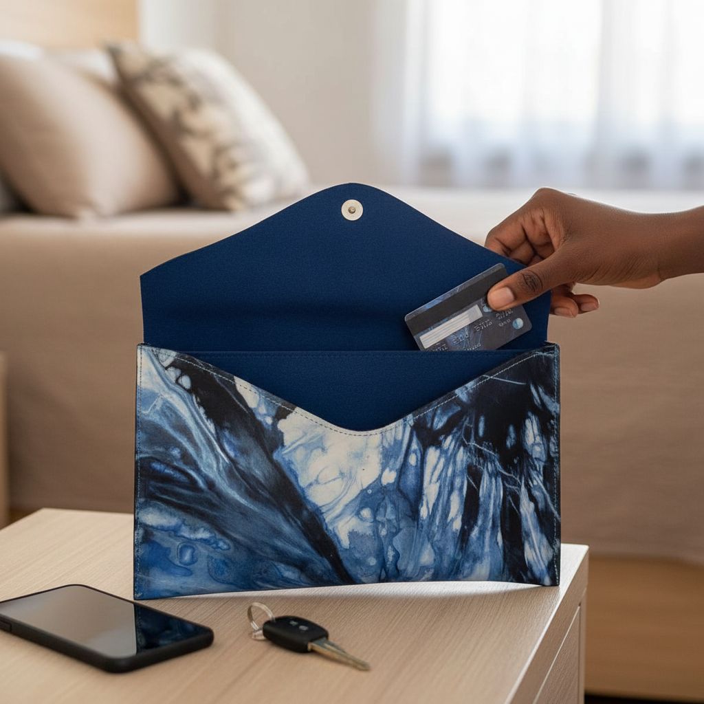 Pochette enveloppe bleu en coton tie and dye, accessoire mode bohème artisanal