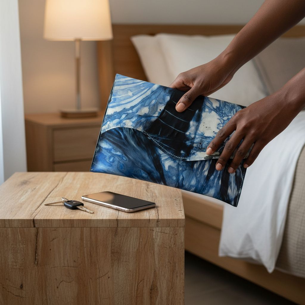 Pochette enveloppe bleu en coton tie and dye, accessoire mode bohème artisanal