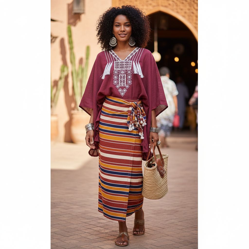 Poncho Bordeaux en Lin Brodé - Style Bohème Éthnique Chic