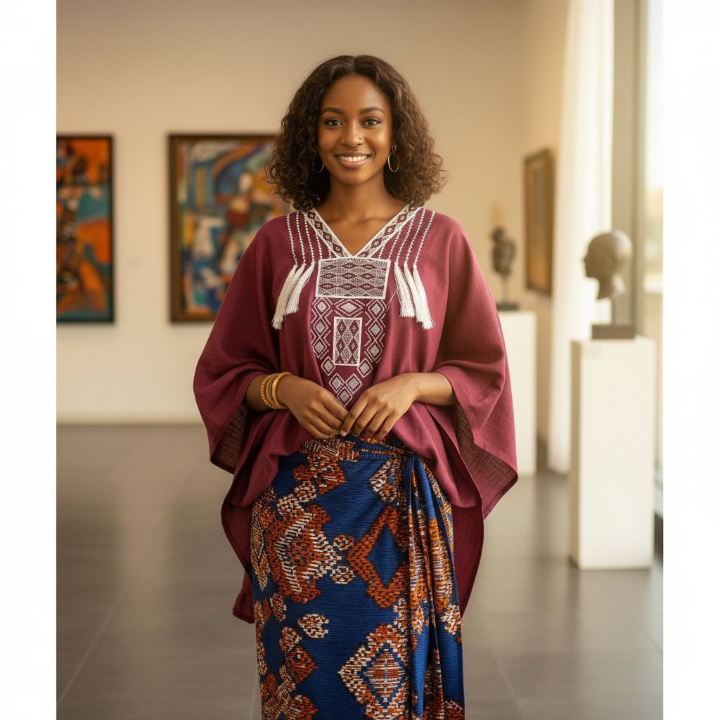 Poncho Bordeaux en Lin Brodé - Style Bohème Éthnique Chic