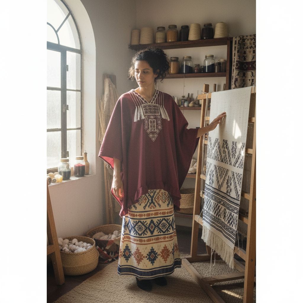 Poncho Bordeaux en Lin Brodé - Style Bohème Éthnique Chic