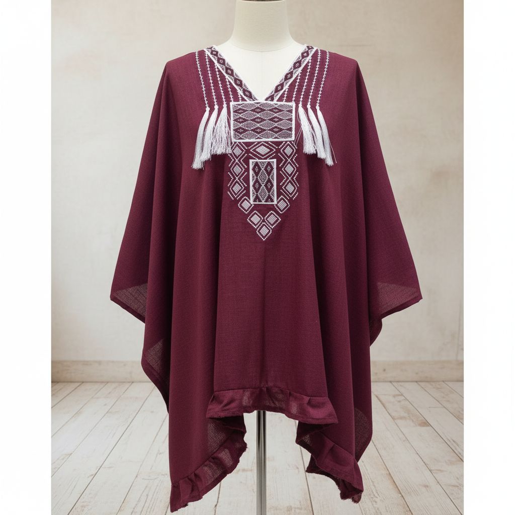 Poncho Bordeaux en Lin Brodé - Style Bohème Éthnique Chic