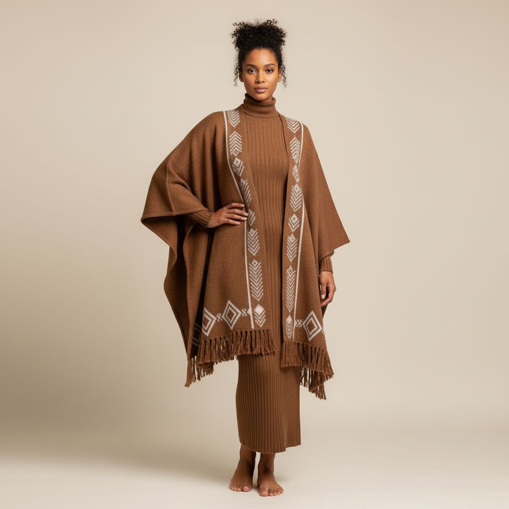 Poncho femme chaud bohème chic, motif géométrique, marron et beige