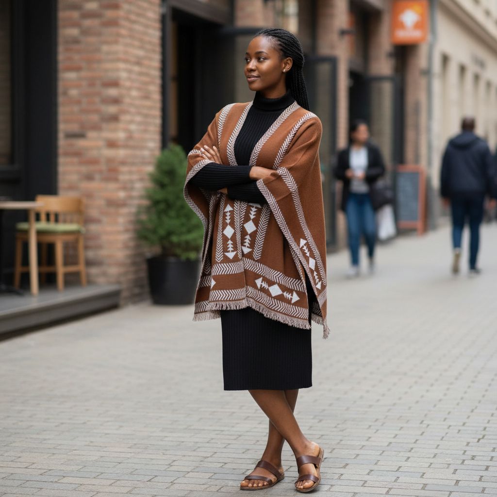 Poncho femme chaud bohème chic, motif géométrique, marron et beige