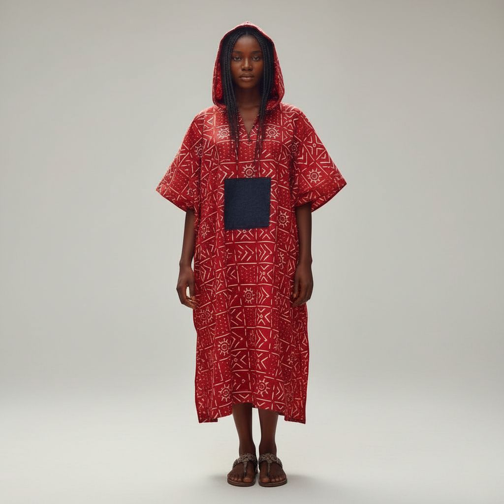 Poncho femme rouge ample coton avec capuche