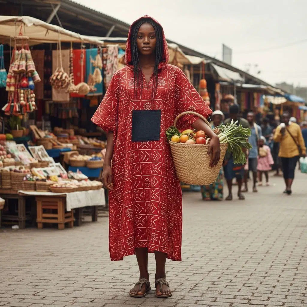 Poncho femme rouge ample coton avec capuche