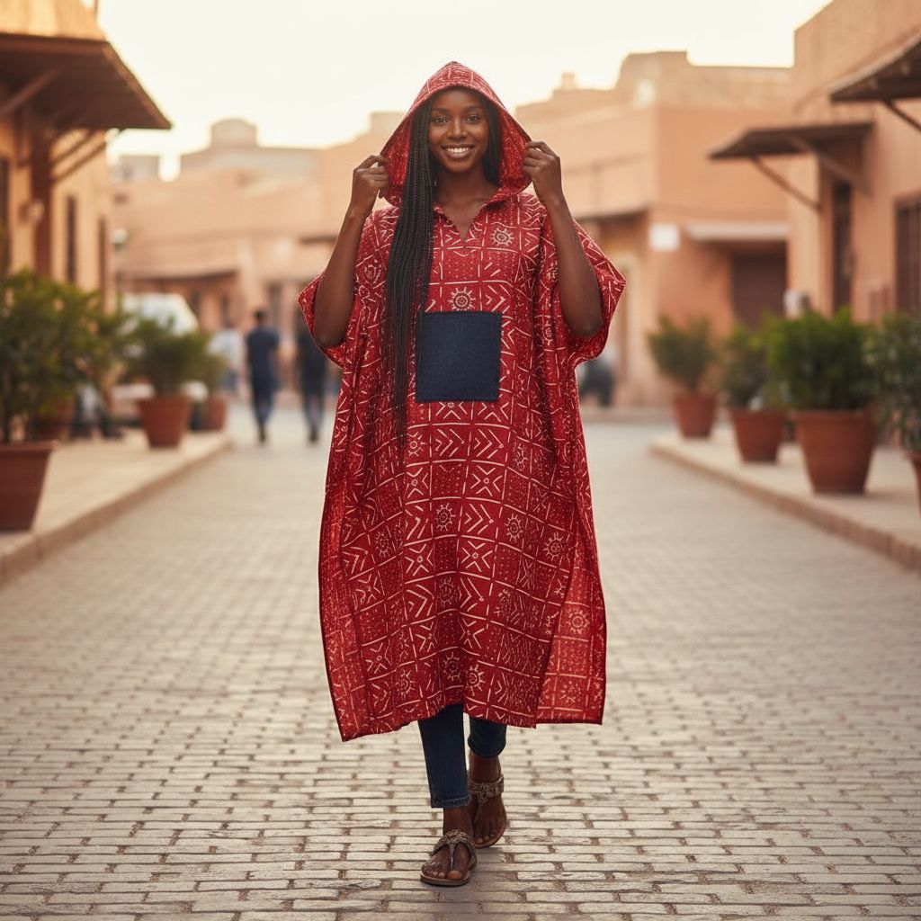 Poncho femme rouge ample coton avec capuche