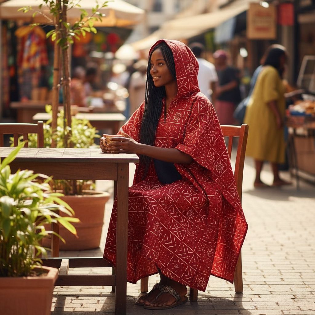 Poncho femme rouge ample coton avec capuche