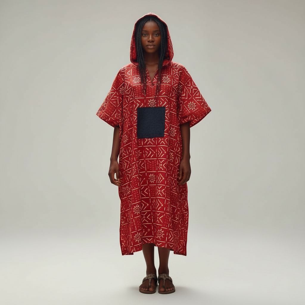 Poncho femme rouge ample coton avec capuche