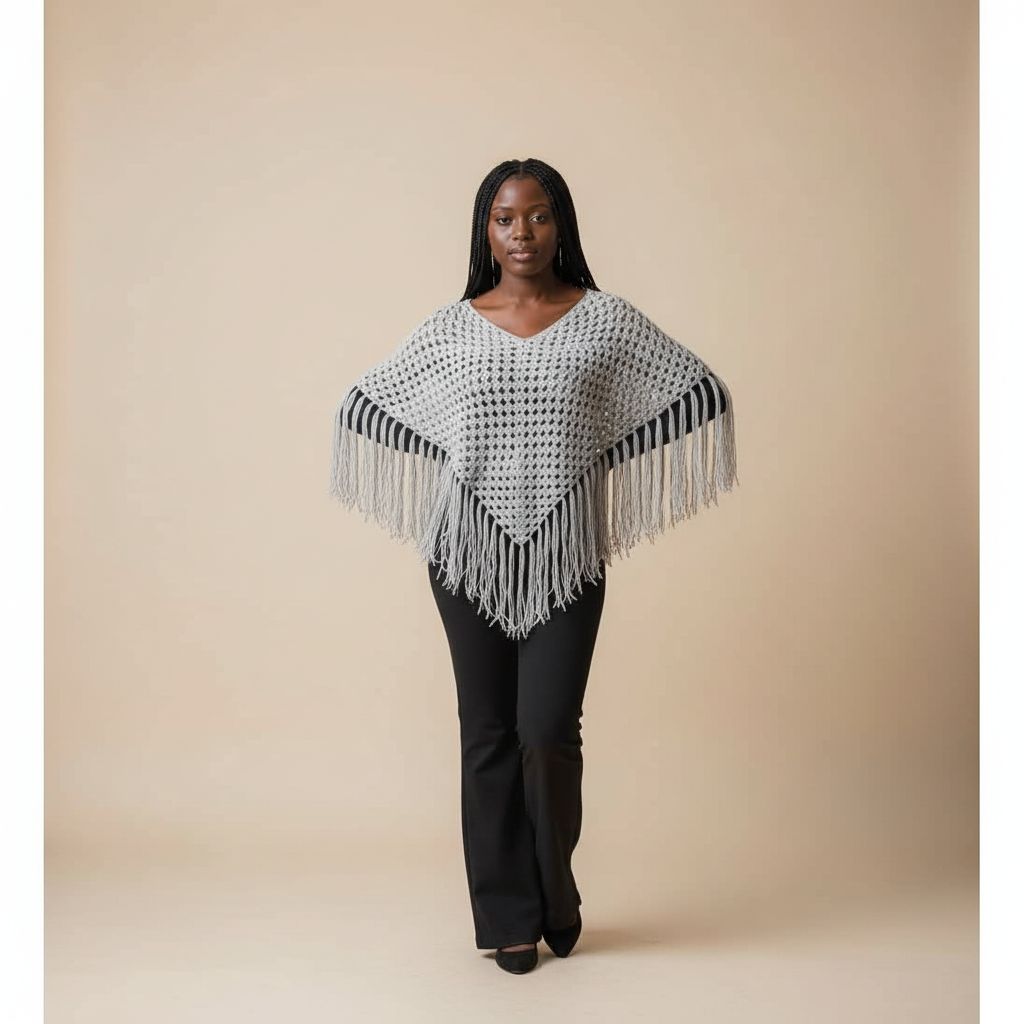 Poncho gris femme crocheté artisanal, élégant et chaud avec franges