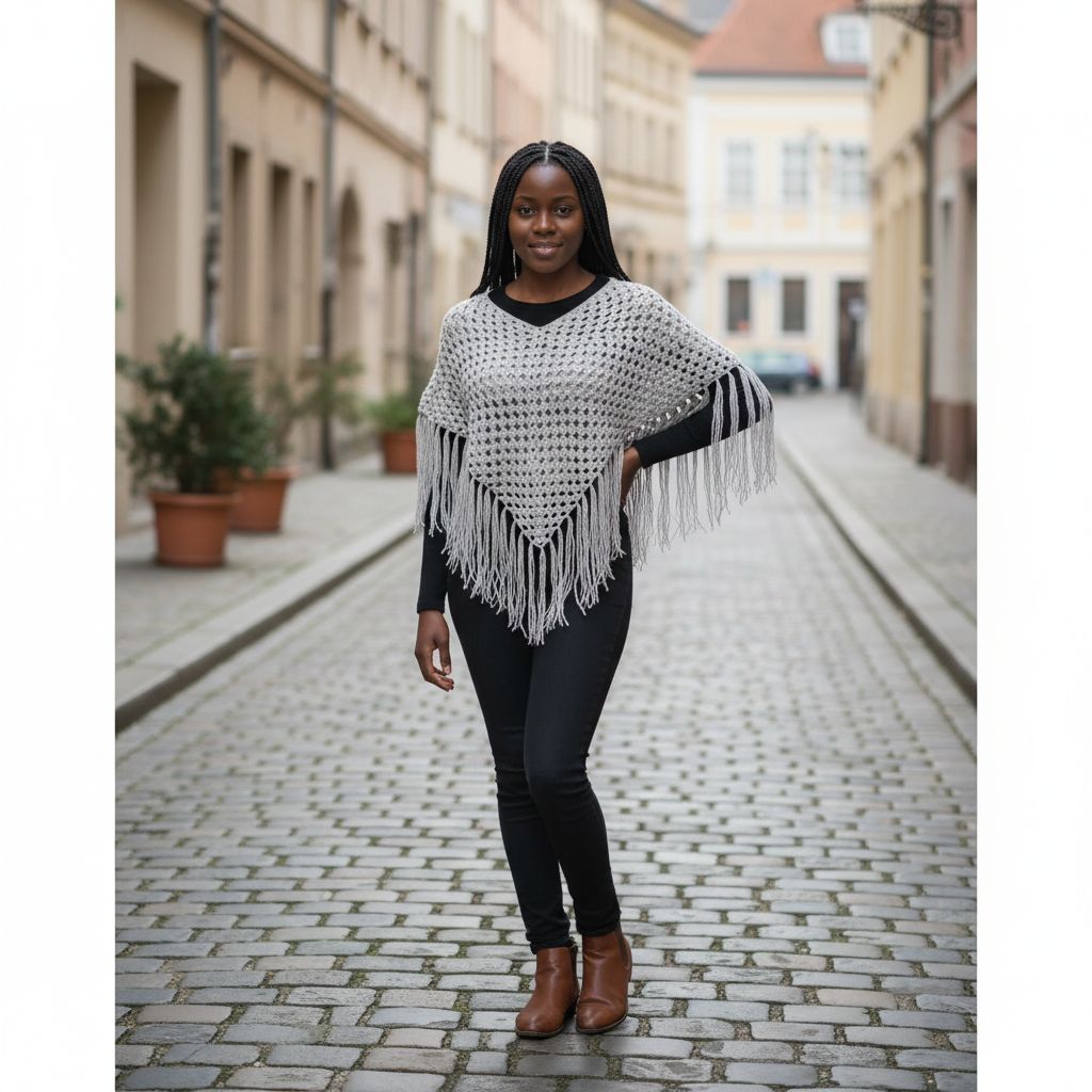 Poncho gris femme crocheté artisanal, élégant et chaud avec franges