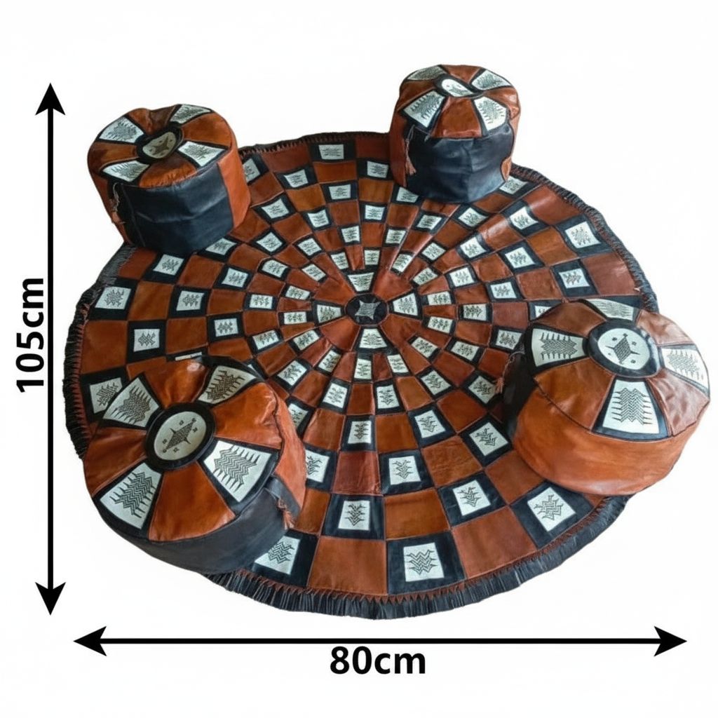 Lot de 4 poufs en cuir artisanal et tapis rond fait main