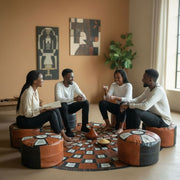 Lot de 4 poufs en cuir artisanal et tapis rond fait main