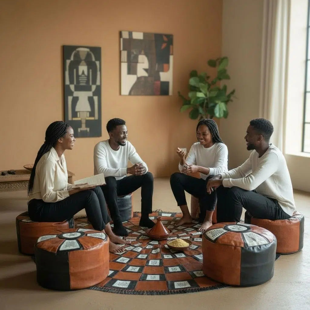 Lot de 4 poufs en cuir artisanal et tapis rond fait main