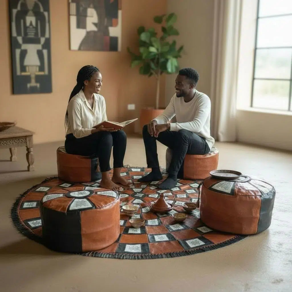 Lot de 4 poufs en cuir artisanal et tapis rond fait main
