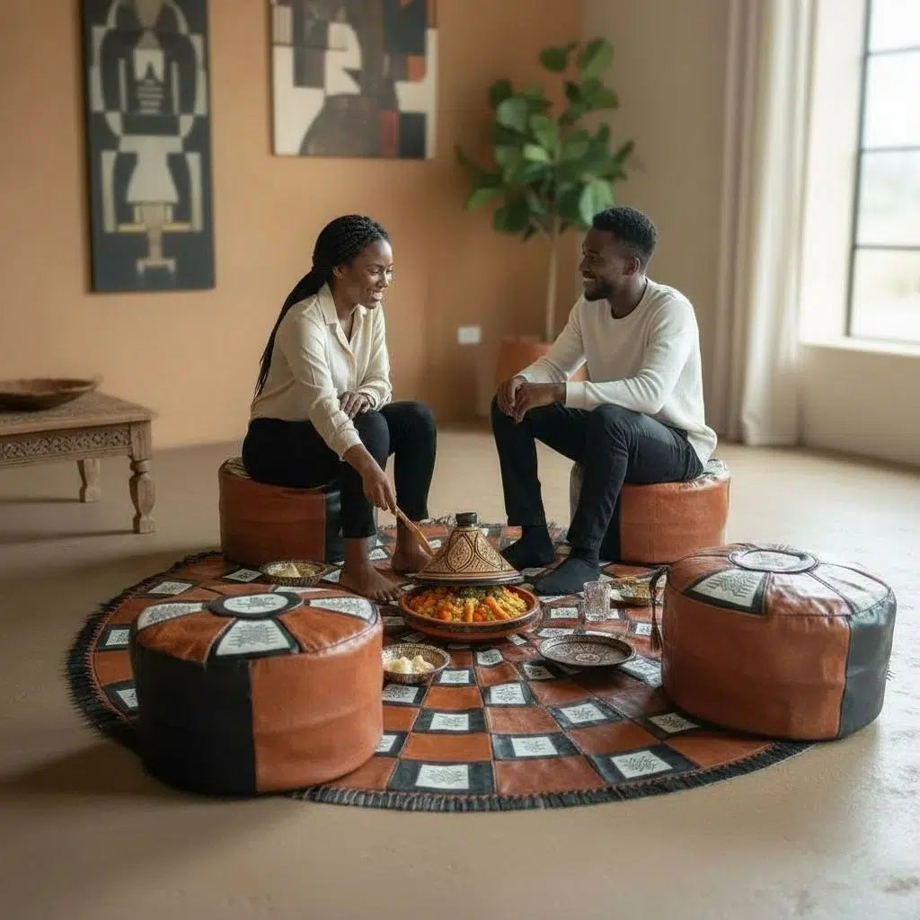 Lot de 4 poufs en cuir artisanal et tapis rond fait main