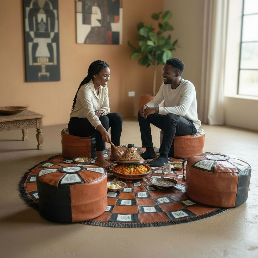 Lot de 4 poufs en cuir artisanal et tapis rond fait main