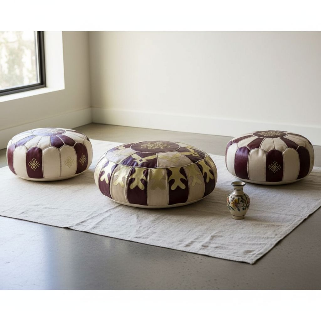 POUF NANA KHADIJA/Ensemble de 3 poufs marocains cuir faits main – Décoration orientale de luxe