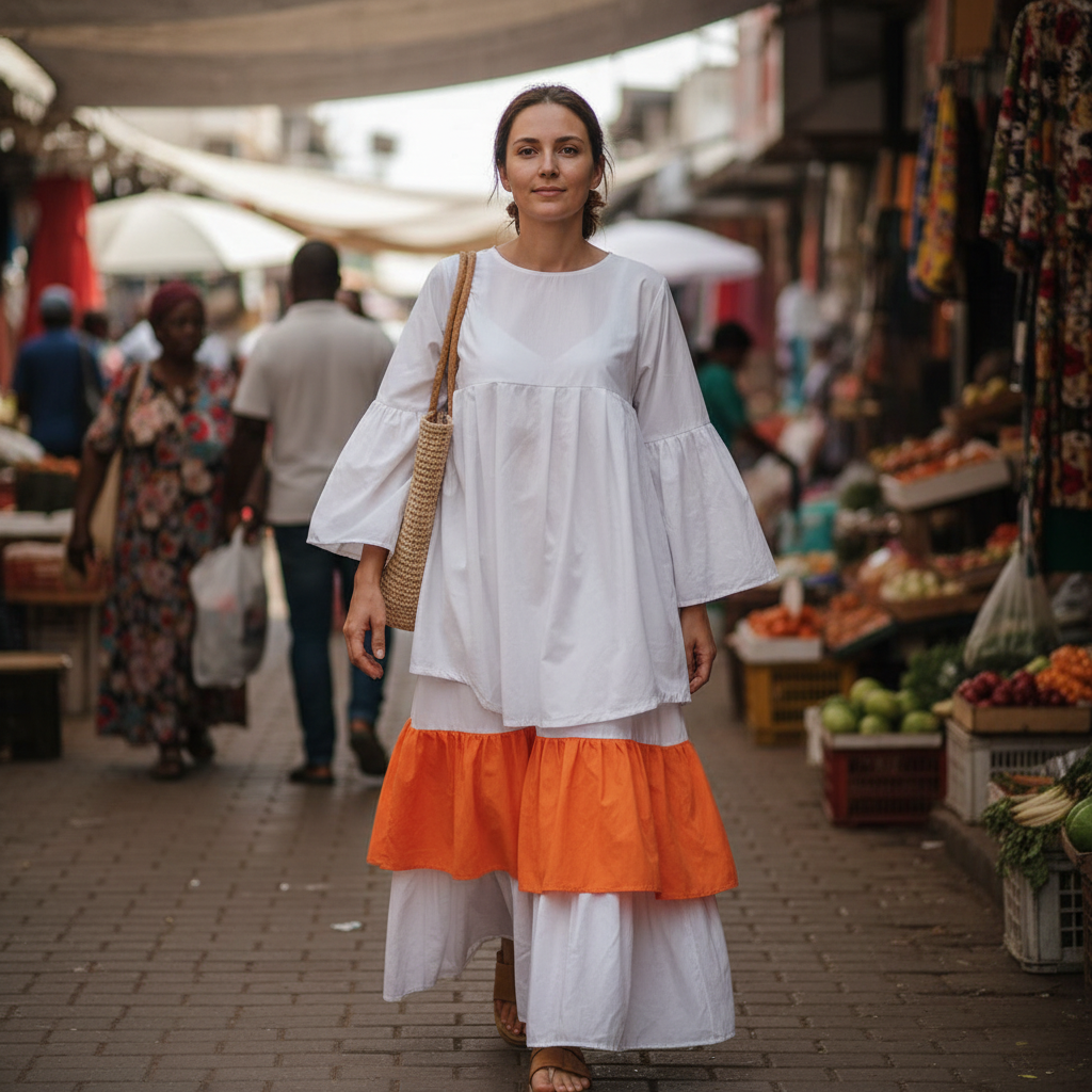 Robe Femme Coton Blanche Orange - Élégance et Confort Fusionnés