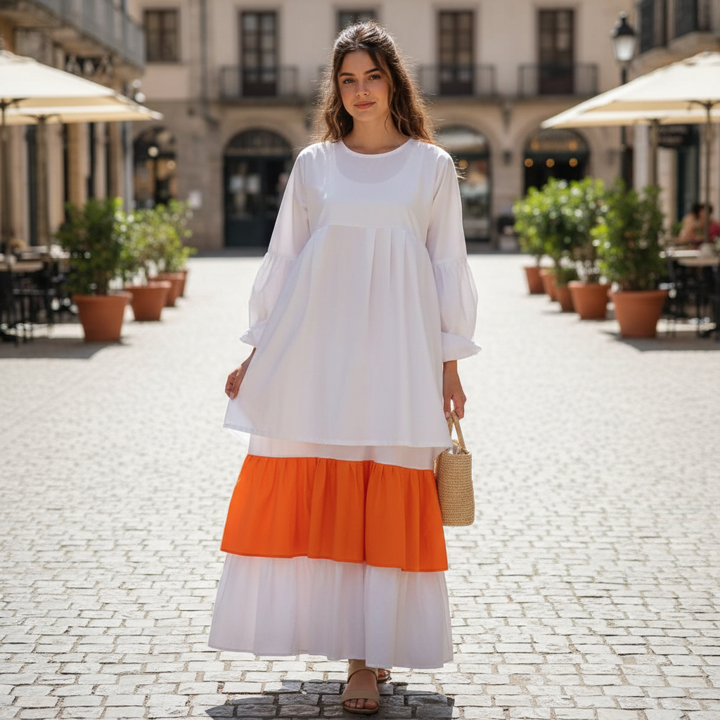 Robe Femme Coton Blanche Orange - Élégance et Confort Fusionnés