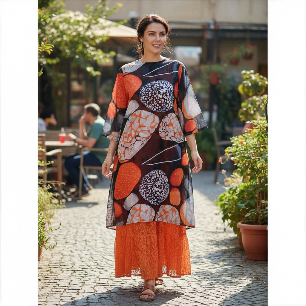 Robe en Coton Abstraite Orange Bleu - Élégance Moderne