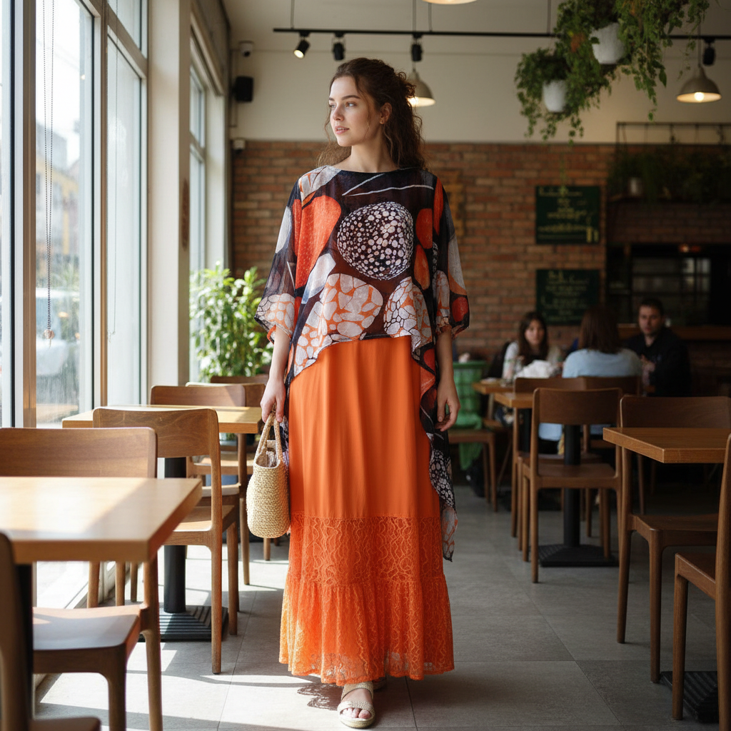Robe en Coton Abstraite Orange Bleu - Élégance Moderne