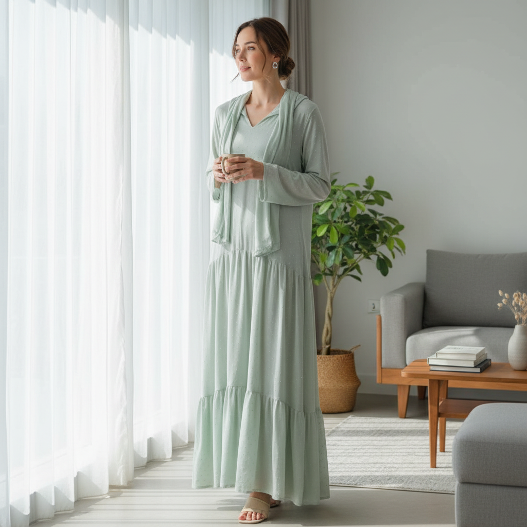 Robe Maxi Coton Vert Menthe à Capuchon - Élégance Chic