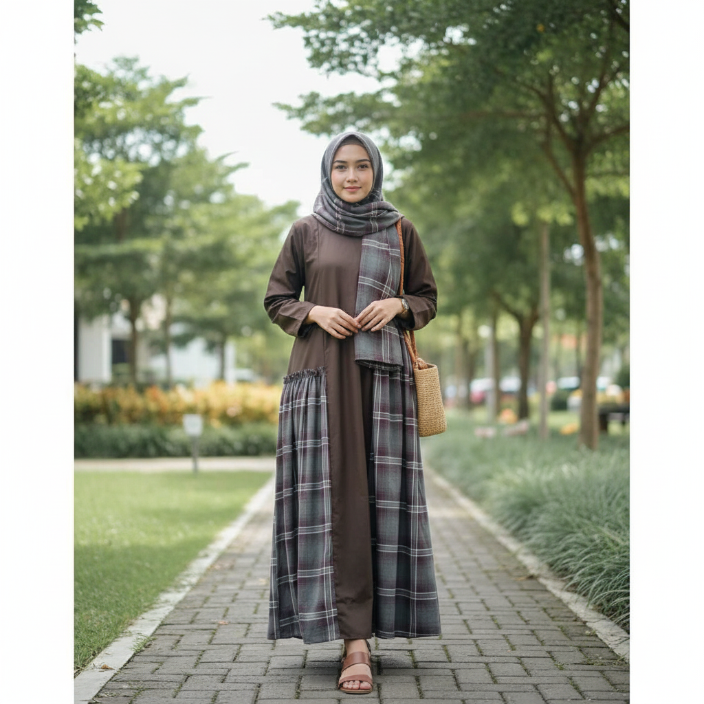 Robe Maxi Élégance en Coton Marron à Carreaux - Confort Moderne
