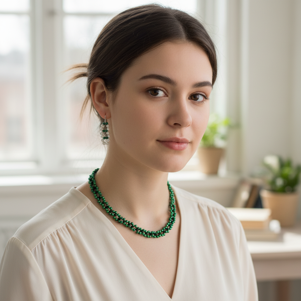 Parure Émeraude Enchantement - Collier et Boucles d'Oreilles Artisanal Perlées Élégantes