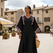 Abaya Élégance - Brocart Lin Coton Noir - Embellissements Traditionnels