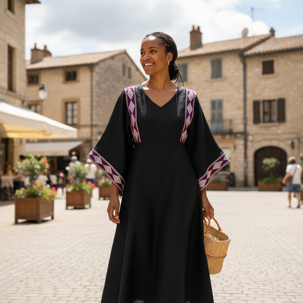 Abaya Élégance - Brocart Lin Coton Noir - Embellissements Traditionnels
