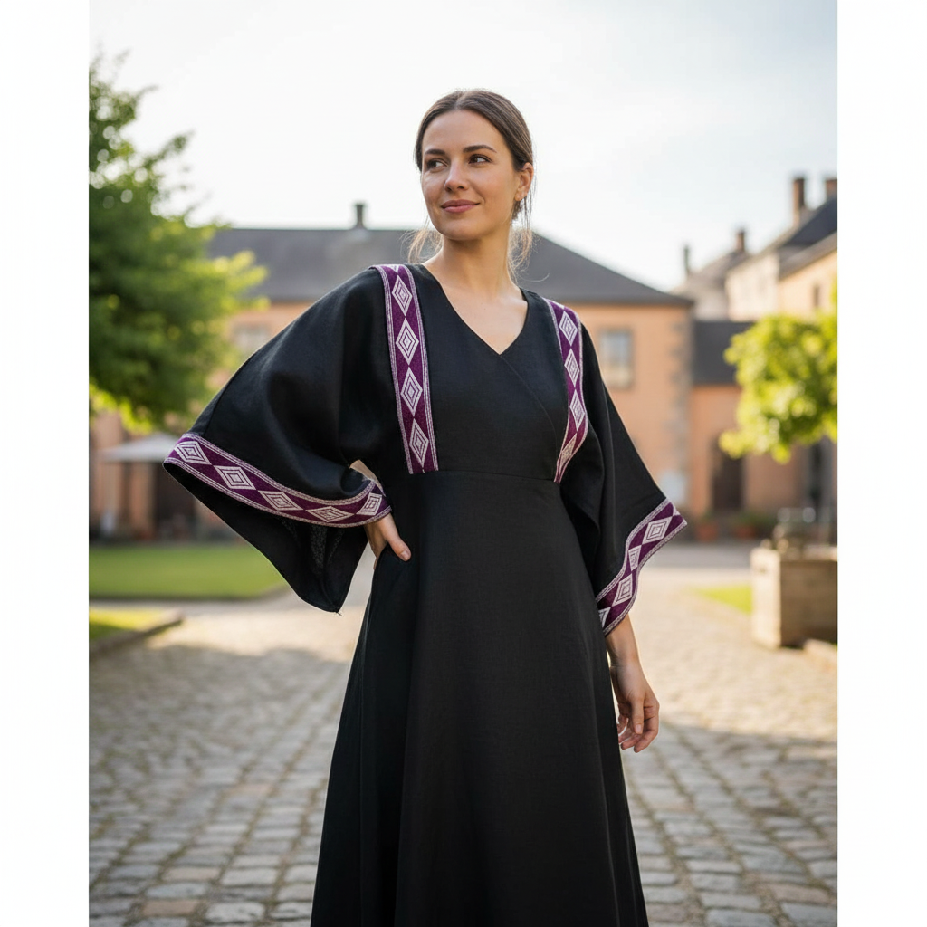 Abaya Élégance - Brocart Lin Coton Noir - Embellissements Traditionnels