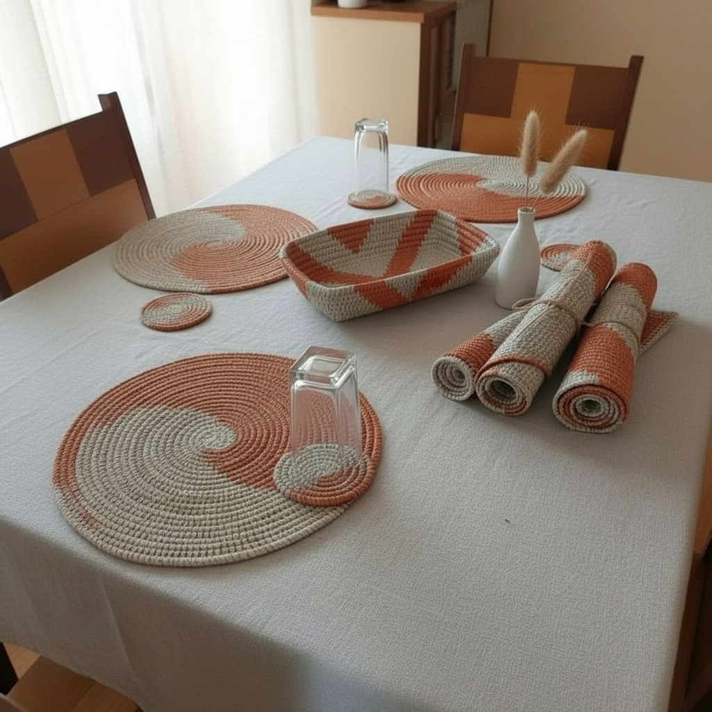 Set de Table en Osier Tressé - Élégance Bohème Orange Beige