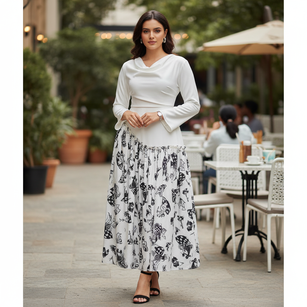 Robe Élégante Cowl-Neck en Noir et Blanc - Chic Moderne