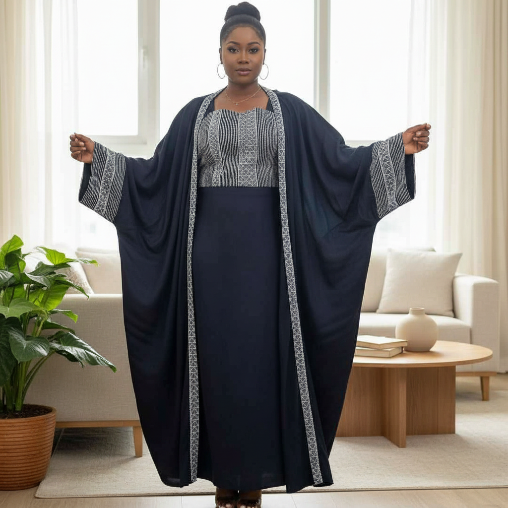 Kaftan Élégance de Minuit - Broderie Argent sur Bleu Marine
