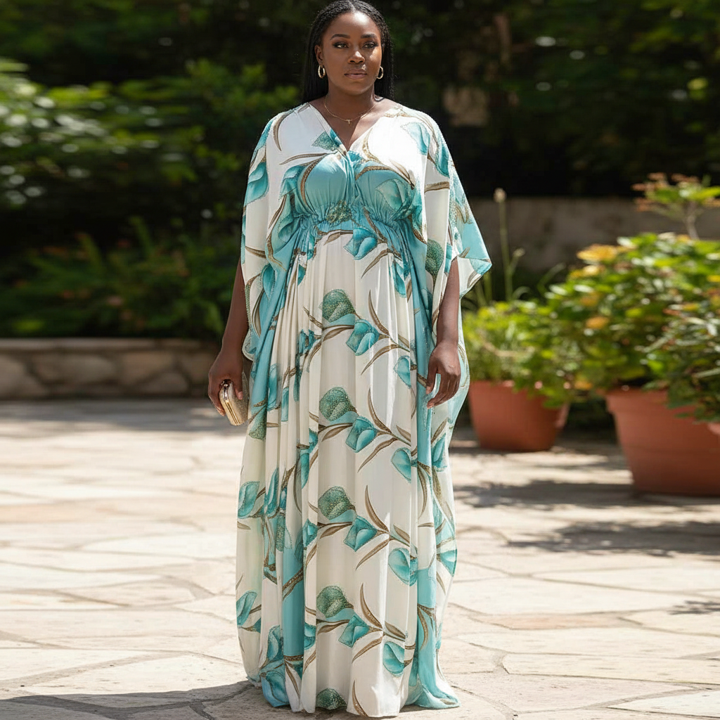 Robe Femme en Soie Perlée - Élégance Florale Turquoise et Crème