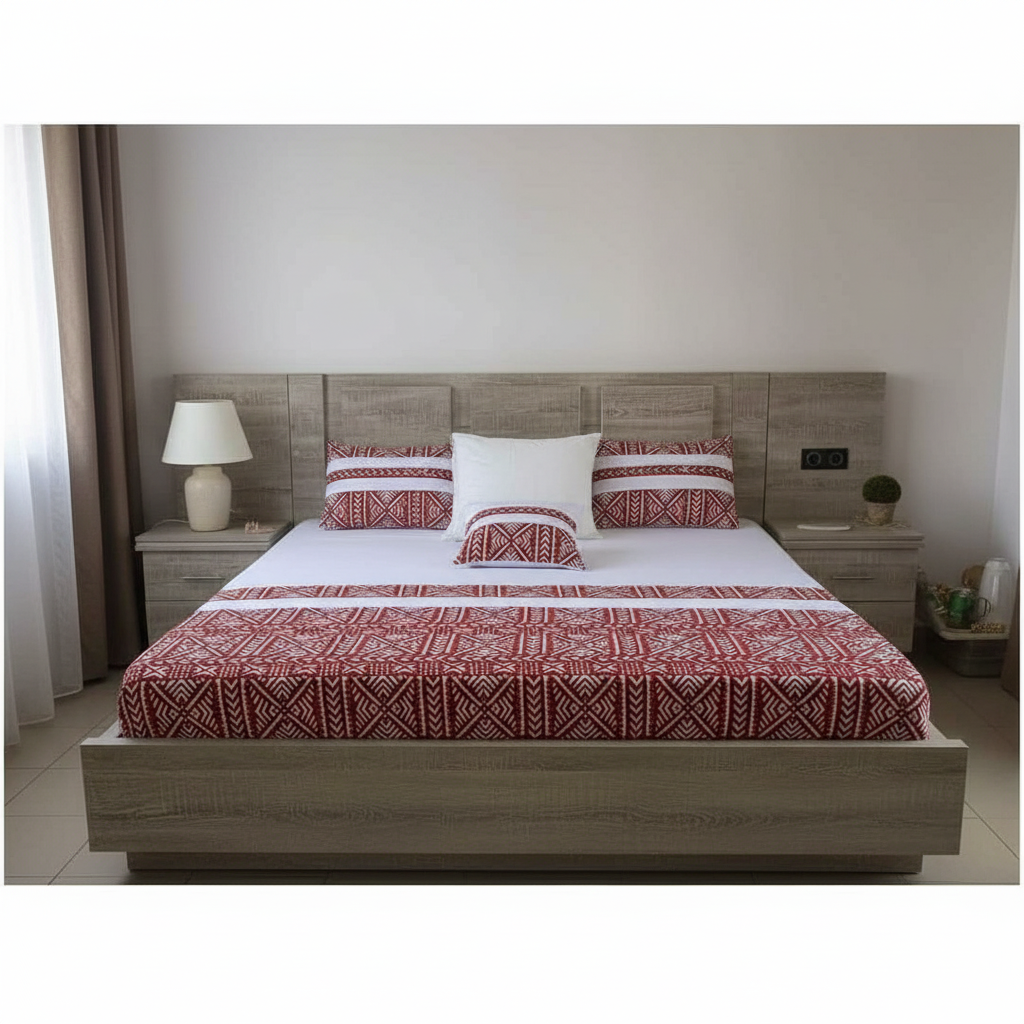 Couverture lit coton ethnique blanc rouge - Confort &amp; Élégance