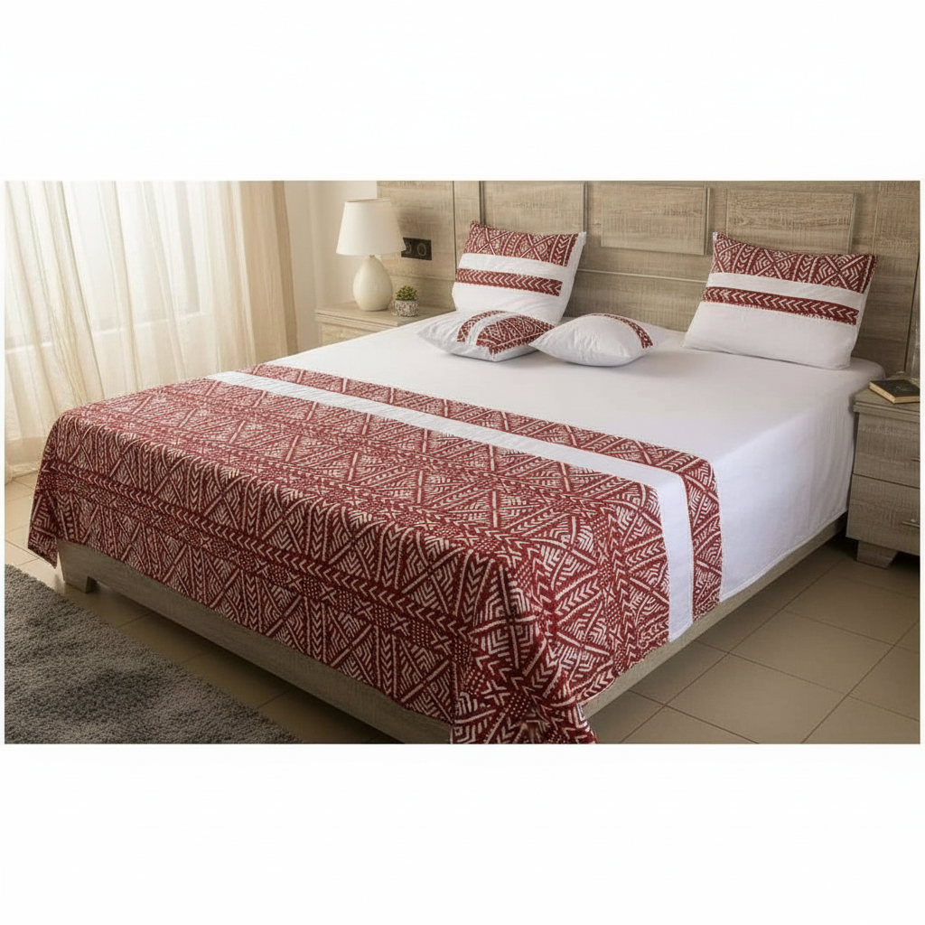 Couverture lit coton ethnique blanc rouge - Confort &amp; Élégance