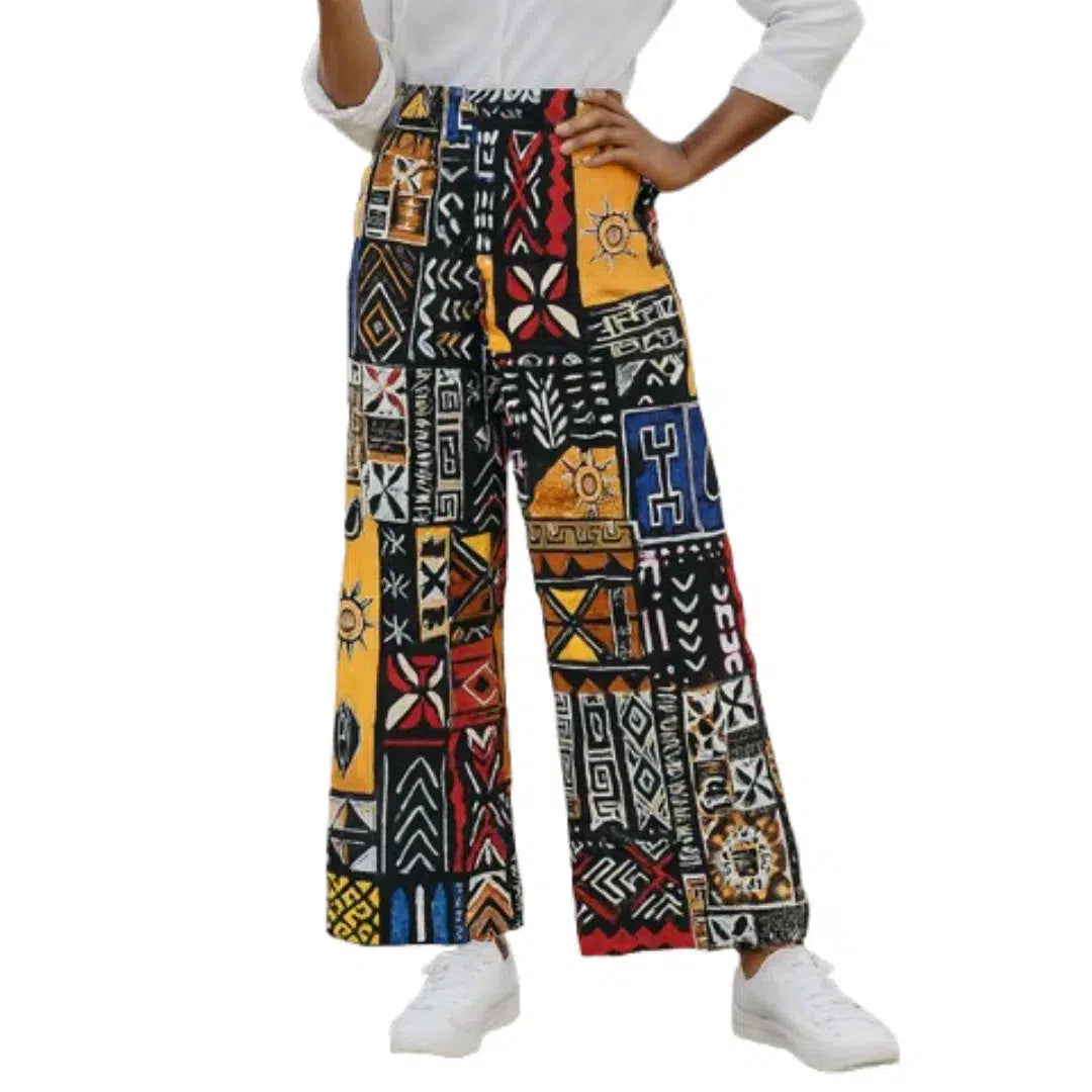 Pantalon wax en coton large avec patchwork africain