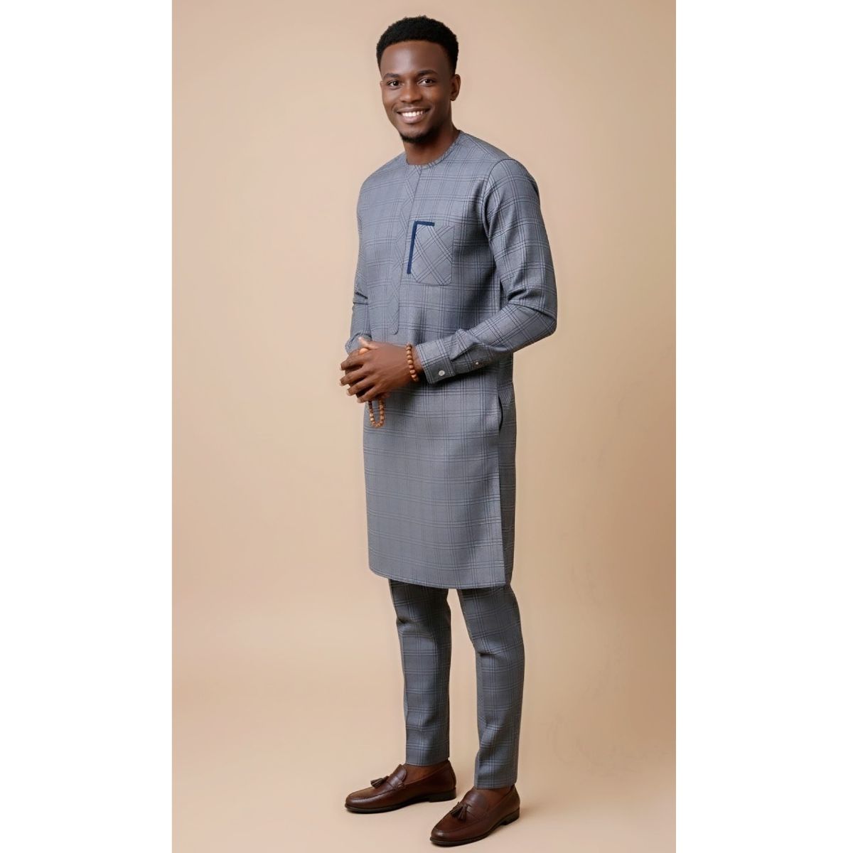 Ensemble homme élégant gris et bleu – Tunique et pantalon moderne chic