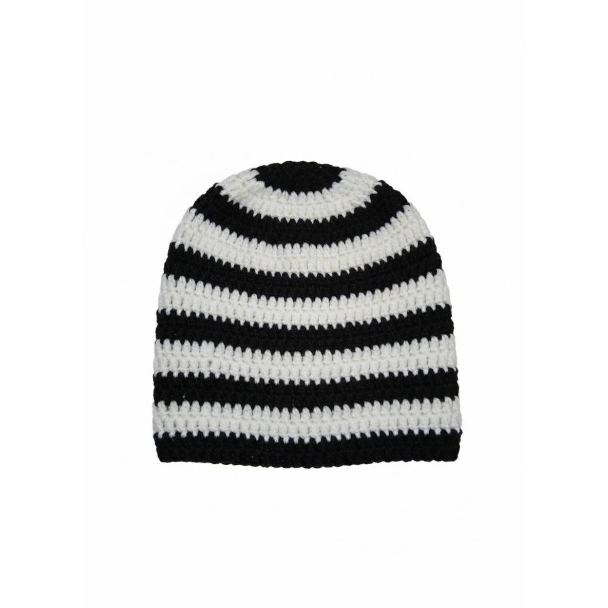 Bonnet rayé noir et blanc slouchy fait main crochet – Chaud et stylé