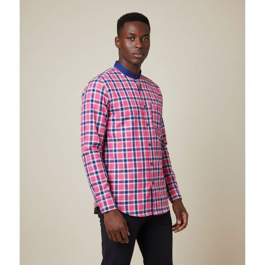 Pyjama homme coton rose à carreaux, élégant et confortable col chemise