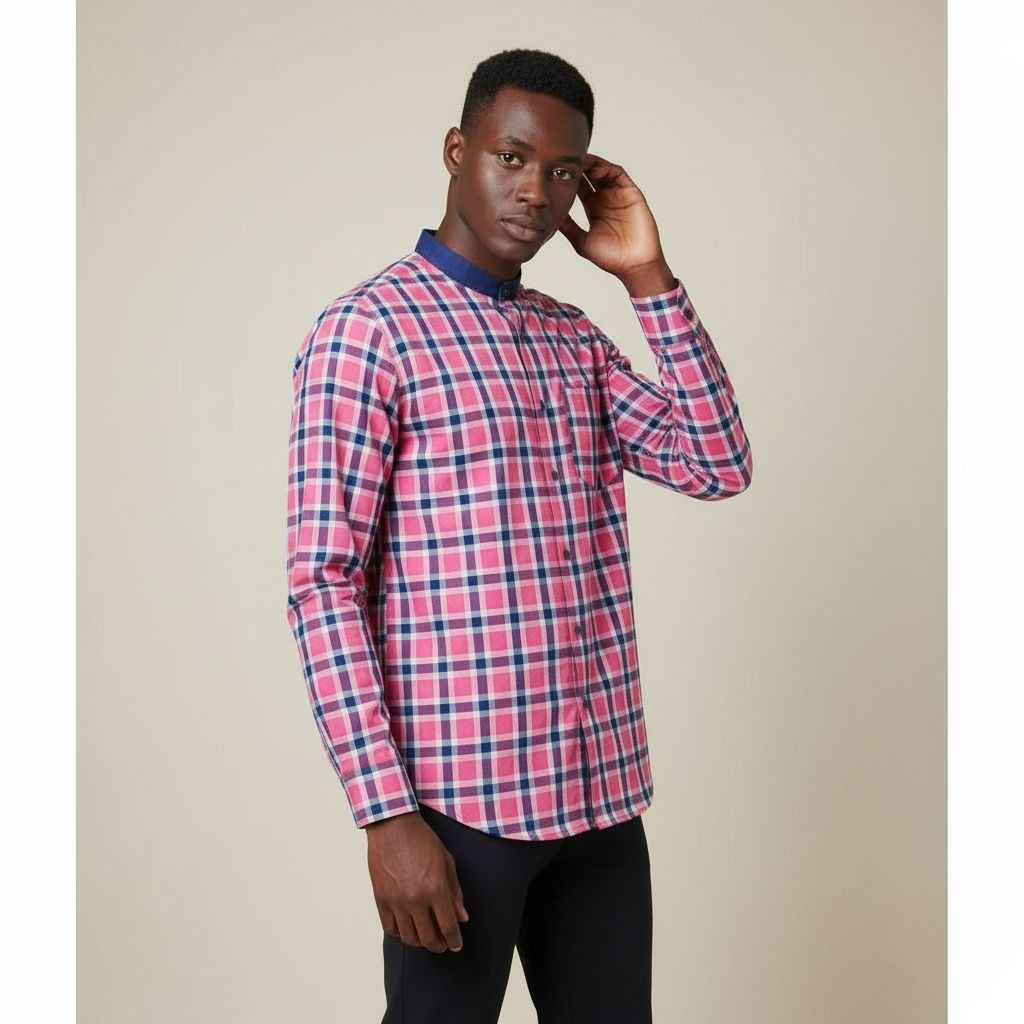 Pyjama homme coton rose à carreaux, élégant et confortable col chemise