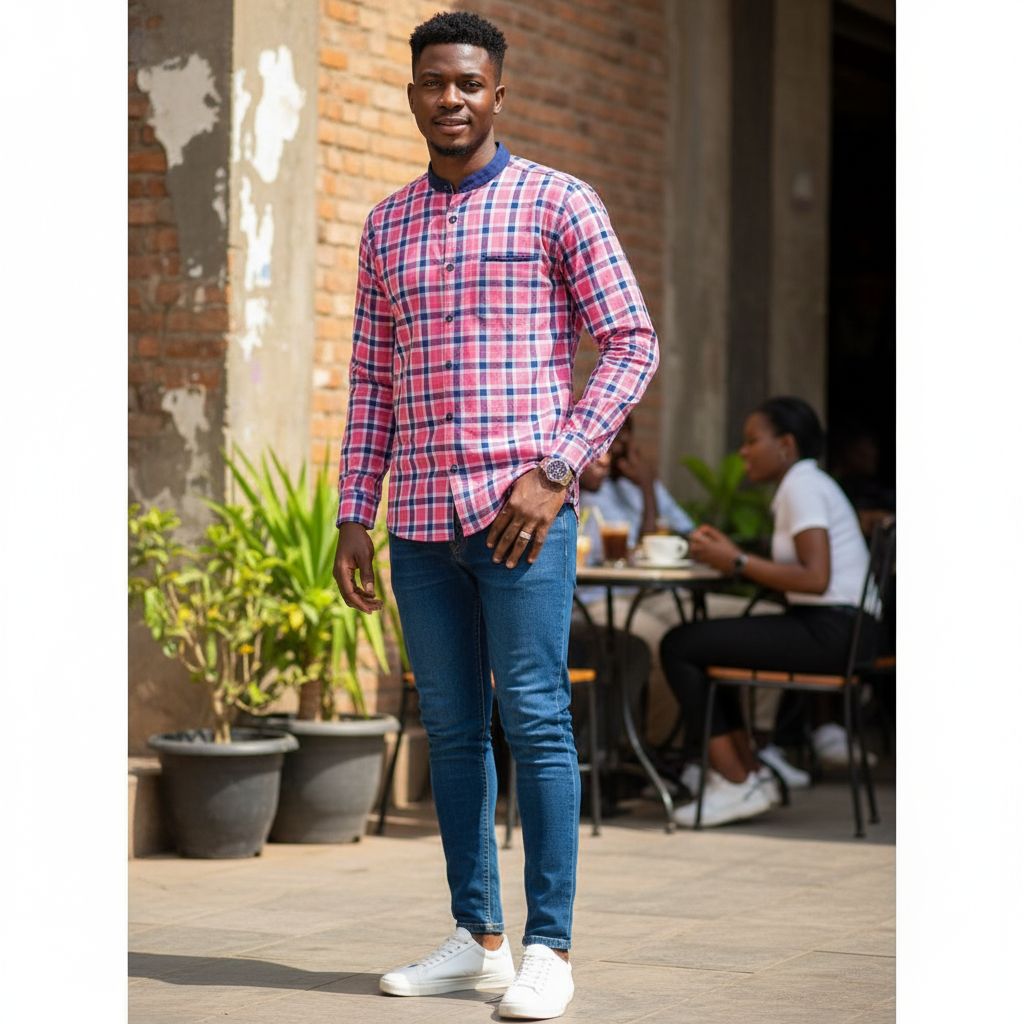 Pyjama homme coton rose à carreaux, élégant et confortable col chemise
